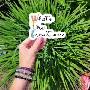 Può includere: Un adesivo bianco con la scritta "Whats The Function" in un carattere stravagante. L'adesivo è tenuto davanti a uno sfondo di fogliame verde. Il testo dell'adesivo è in vari colori, tra cui pesca, giallo e blu.