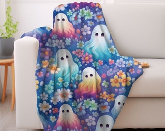 Groovy Halloween Ghost Velveteen Plush Blanket, Cozy Halloween Ghost Blanket, Groovy Ghosts and Flowers, Soft and Warm, Retro Halloween Gift