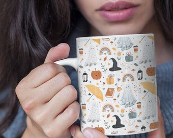 Vintage Illustration Halloween Mug, Whimsigoth Fall Coffee Mug, Fall Lover Gift, Pumpkin Spice, Pumpkin Witch Ghost Mug, Gifts for Autumn