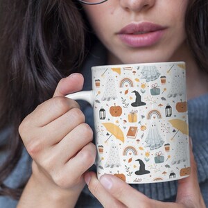 Vintage Illustration Halloween Mug, Whimsigoth Fall Coffee Mug, Fall Lover Gift, Pumpkin Spice, Pumpkin Witch Ghost Mug, Gifts for Autumn