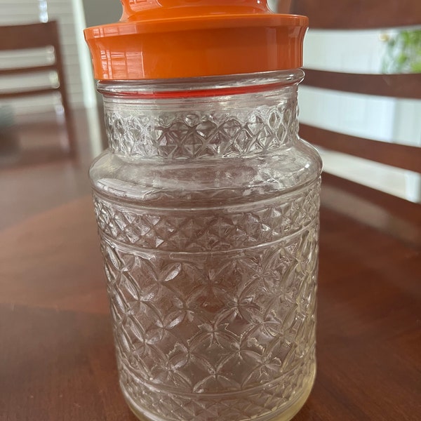 Vintage Anchor Hocking Cut Glass Jar With Orange Lid