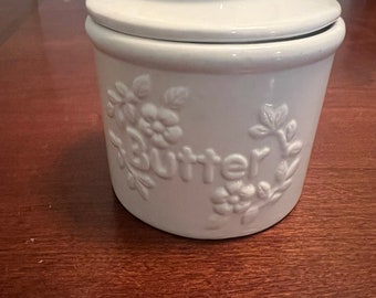 Vintage  Butter Bell crock a Countertop French Ceramic Butter Dish Keeper for Spreadable Butter White with Raised Lettering & Flowers