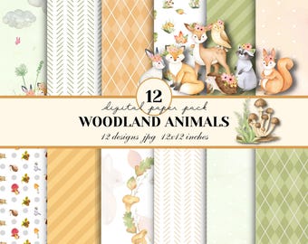 Forest Animals Digital Paper: Woodland Clipart Backgrounds (Digital Download)