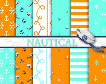 Nautical Digital Paper: Seamless Beach Patterns (JPG, 12x12, 12 Designs)