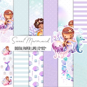 Papier numérique douce sirène, papier de scrapbooking, fond de sirène, papier imprimable, clipart sirène, téléchargement immédiat