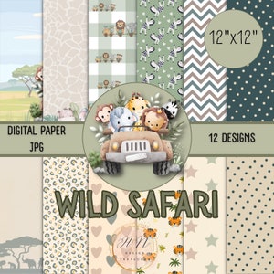 Paquet de papier numérique Safari sauvage, motif Scrapbook, papier numérique à téléchargement immédiat, fond d'animaux sauvages, papier numérique pour fabrication de cartes