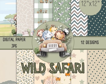 Wild Safari Digital Paper Pack, Scrapbook pattern, Instant Download Digital Paper, Wild Animals Background, Card making digital paper