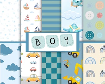 Digitaal papier babyjongen: naadloze plakboekpatronen (digitale download)