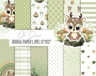 Woodland digital paper, Forest Animal, Digital pattern paper, Seamless pattern, Deer clipart