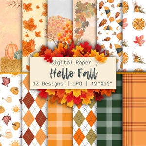 Hello fall pattern, Fall digital paper pack, Fall pattern, Pumpkin pattern, Seamless paterns, Fall background, Fall scrapbooking pattern