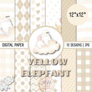 Pacchetto di carta digitale Baby Elephant, album di ritagli, carte per scrapbooking Baby Elephant, carta digitale gialla, download immediato