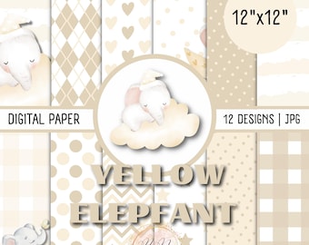 Baby Elephant Digital Paper Pack: Yellow Scrapbook Papers (Instant Download)