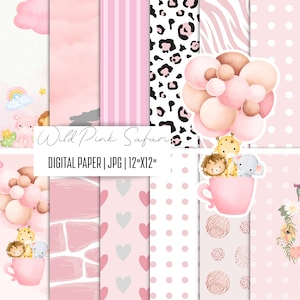 Rosa Safari papier, Kinderzimmer rosa Hintergrund, Mädchen dschungel safari, safarihintergund, safari digitales papier, dschungel digitales papier