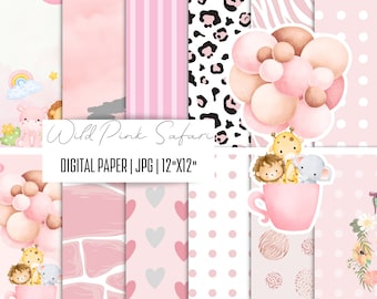 Pink Safari digital paper, Nursery pink background, Girl jungle safari, safari background, safari digital paper, jungle digital paper