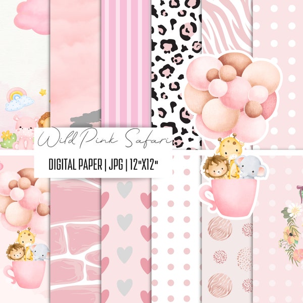 Pink Safari digital paper, Nursery pink background, Girl jungle safari, safari background, safari digital paper, jungle digital paper