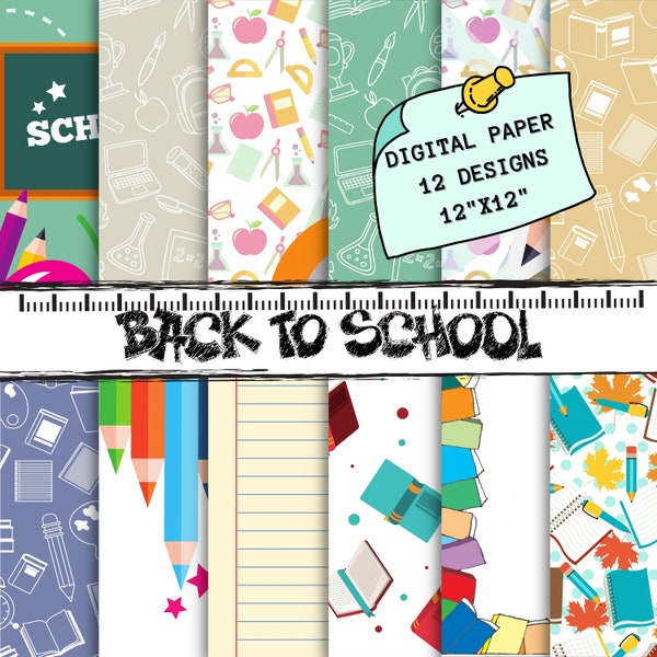 Back to school digitales Papier, Schulhintergrund, Scrapbookpapier, Schulmuster, Notizbuchpapier, Schule druckbar, bedruckbares Papier