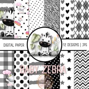 Pack de papier numérique bébé zèbre, papier noir et blanc, papier numérique safari, impressions d'animaux, peau d'animal, album de photos, papier imprimé animaux