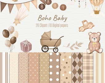 Boho Baby Clipart & Digital Paper Pack: Watercolor Nursery Designs (Digital Download)