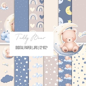 Teddybär-Digitalpapierpackung, Babybär-nahtloses digitales Papier, Kraft-Werkzeuge, nahtlose Vorlage, Kindergeburtstagdekoration