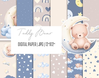 May include: A set of 12 digital papers featuring a teddy bear theme. The papers include patterns of stars, hearts, clouds, rainbows, and moons. The papers are 30.48 cm by 30.48 cm and are in JPG format.