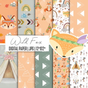 Cyfrowy papier Wild Fox, Wzór bezszwowy, Tło boho lisa, Papier do robienia kartek, Album ze zdjęciami Baby Fox, Dzikie zwierzęta do druku, Papier błyskawiczny