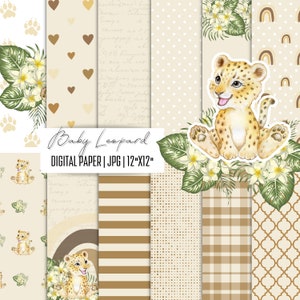 Papel digital de leopardo bebé, clipart de animales de safari, patrón de jungla, fondo de guardería, papel para scrapbooking, paquete de papel digital de safari