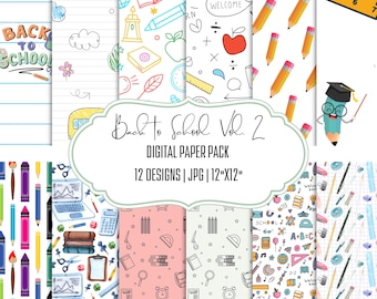 May include: A collection of digital paper designs with a back-to-school theme. The designs include illustrations of pencils, apples, rulers, and other school-related items. The pack includes 12 designs, each 12"x12".