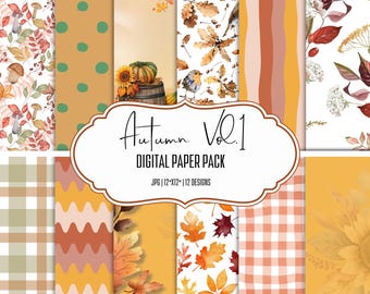 Puede incluir: Un paquete de papel digital titulado "Autumn Vol. 1" con 12 diseños. Los diseños incluyen patrones con temas de otoño con hojas, pájaros y girasoles. La paleta de colores incluye tonos de naranja, marrón y verde. El tamaño del papel es de 30,48 cm x 30,48 cm.