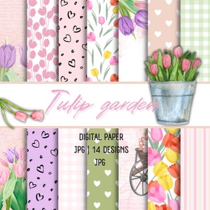 Pacchetto di carta digitale a forma di tulipano, sfondo con giardino di tulipani, carta per scrapbooking a forma di tulipano, motivo per creare tulipani, amanti dei tulipani, carta decorativa a forma di tulipano
