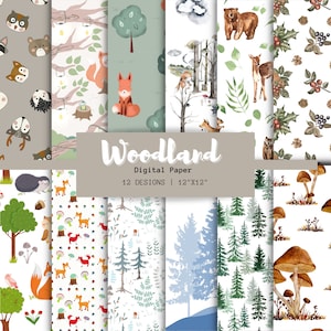 Woodland paper, woodland animals, woodland baby shower, animal nursery decor, woodland birthday, animals printable, digital paper pack