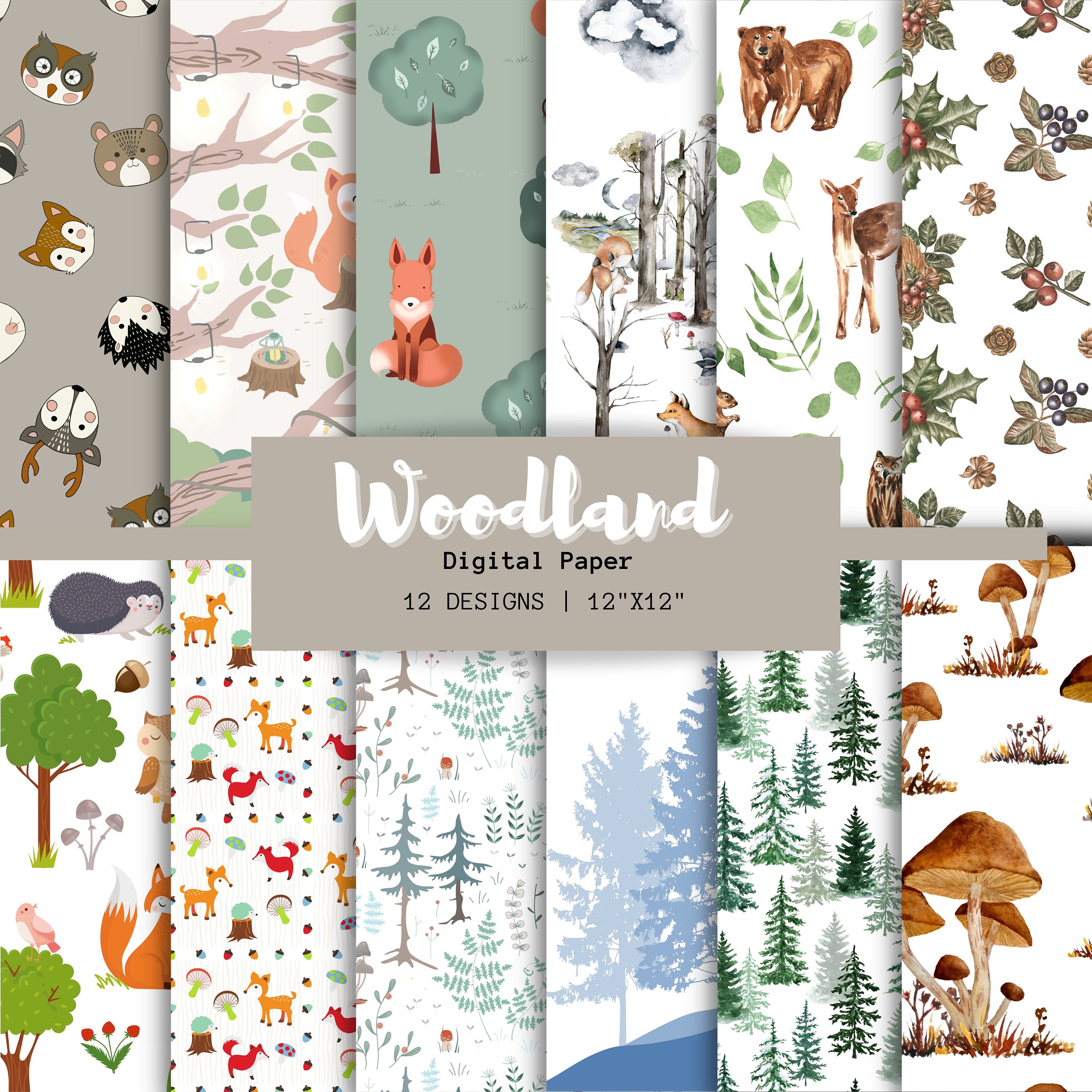 Woodland paper, woodland animals, woodland baby shower, animal nursery decor, woodland birthday, animals printable, digital paper pack