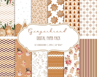 Gingerbread Digital Paper Pack – Christmas Scrapbook Backgrounds, Gingerbread Man Patterns, Holiday Seamless Papers, Instant Download