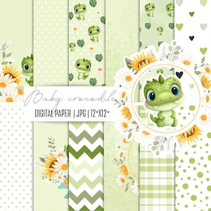 Pacchetto di carta digitale con coccodrillo, carta per scrapbooking, sfondo per cameretta dei bambini, motivo digitale verde, motivo senza soluzione di continuità, clipart di animali
