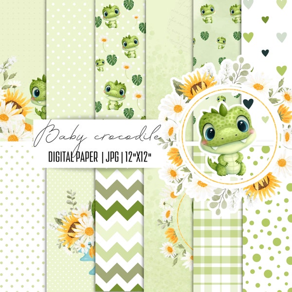 Pack de papier numérique bébé Crocodile, papier Scrapbook, fond de pépinière, modèle numérique vert, modèle sans couture, clipart animaux