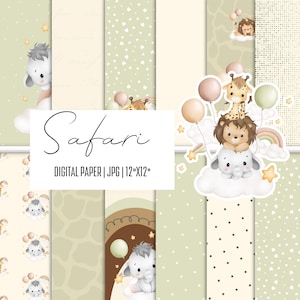 Safari Baby digitaal papier | Leuke jungle dierenachtergrond | 12 x 12 inch pastelsafari-thema | Plakboek babyshower | JPG direct downloaden