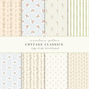 Puede incluir: Una colección de 12 patrones sin costuras con una estética cottage. Los diseños incluyen patrones florales, a rayas y de puntos en colores pastel suaves. Se muestra el texto "Cottage Classics".