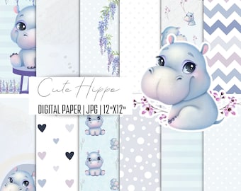Cute Hippo digital paper, Printable paper, Digital paper pack, Digital Background, Instant download, Hippo pattern