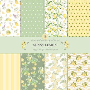 May include: A collection of 12 seamless patterns featuring watercolor illustrations of lemons, polka dots, hearts, and stripes. The patterns are in shades of yellow, green, and white, with the text "Sunny Lemon" displayed in the center.