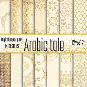 Paquet de papier numérique de conte arabe, motif 1001 nuits, papier de scrapbooking arabe doré, fond de style marocain, papier numérique de création marocaine