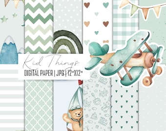 Watercolor Kid Things Digital Paper: Airplane, Animals (Digital Download)