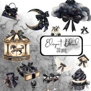Elegantes schwarzes Clipart-Bundle, luxuriöse schwarze ästhetische PNGs | Dark Glam Fashion, Mond, Karussell, Flügel, Bögen, Cupcake Grafiken für Sublimation
