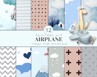 Pacote de papel digital com tema de avião, Papel para confecção de cartões, Artesanato em papel, Papel digital para scrapbook, Decoração para quarto de bebê, Estampa de avião, Download instantâneo