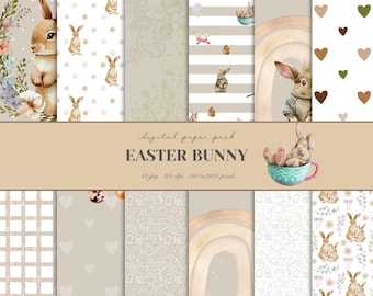 Easter Bunny Digital Papers – Watercolor Rabbits, Neutral Spring Scrapbook Paper