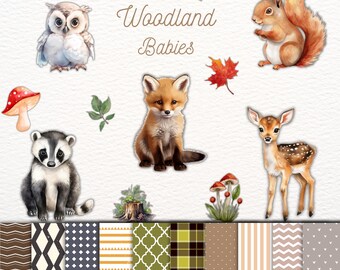 Woodland Animals Clipart: Watercolor Forest Babies, Seamless Patterns (Digital Download)