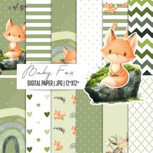 Baby Fox Digitaal papier, afdrukken met bosdieren, digitaal papierpakket, bospatroon, scrapbookgereedschap, kaartpapier, prints kinderkamer