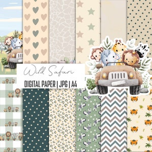 Papier numérique Safari sauvage A4, motif Scrapbooking, papier numérique à téléchargement immédiat, fond d'animaux sauvages, papier numérique pour fabrication de cartes