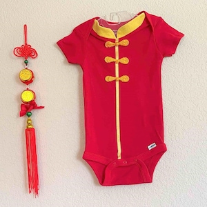 Baby Qipao,Chinese Traditional Baby Boy Baby Girl Cheongsam, Short Sleeve Bodysuit,100 Day,Red Egg Ginger Party,Birthday,Red w/Gold Collar