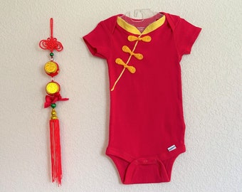 Baby Qipao, Chinese Baby Boy Baby Girl Romper Short Sleeve Cheongsam, Red Egg Party,  100 Days, Birthday, Lunar New Year Red w/ Gold Collar