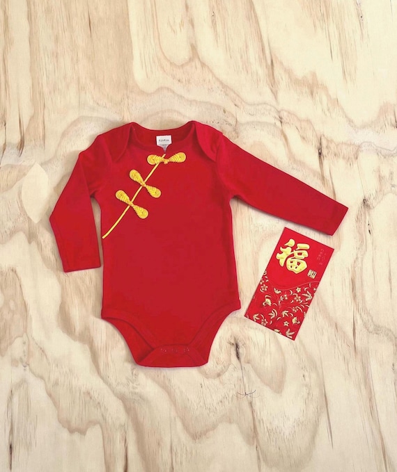 Baby Qipao,Chinese Traditional Baby Boy Baby Girl Cheongsam,Long Sleeve  Bodysuit,Red Egg Party,100 day,Birthday,Red w/Red Collar,Side Button