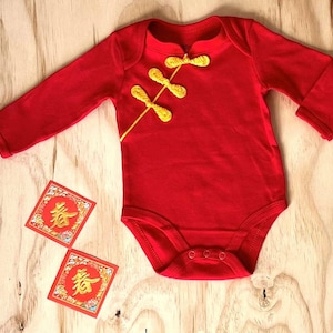 12 Month Baby Qipao, Chinese Traditional Baby Boy Baby Girl Cheongsam, Long Sleeve Bodysuit,1 Year birthday,Red with Red Collar,Side Buttons
